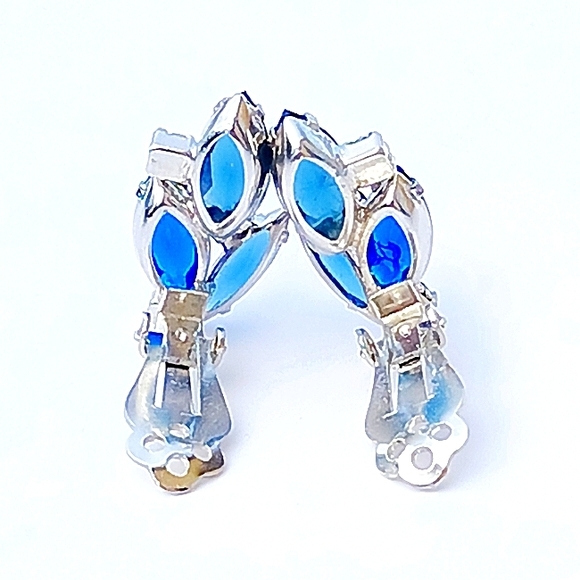 VINTAGE BLUE GREEN SILVERTONE EARRINGS clip on glass MCM - Picture 5 of 6